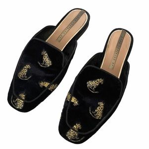 Zara Black Suede Tiger Slides Mules